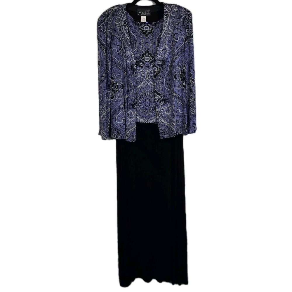 Alex‎ Evenings Purple Black Paisley 2 Piece Dress with Jacket Womens 12 Sparkly